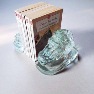 Pair Vintage Heavy Glass MCM Horse Heads Bookends